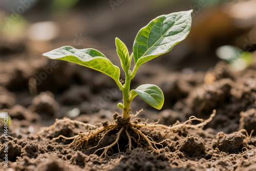 A close up view of a delicate green plant sprout growing in fertile dark brown soil showing early growth stages and healthy roots