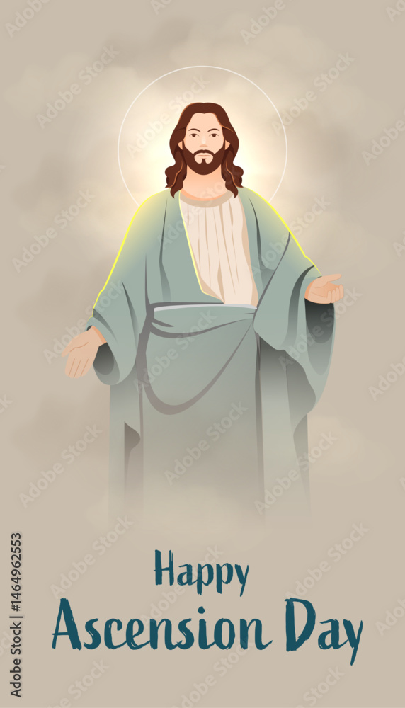 Happy Ascension Day Design with Jesus Christ in Heaven Vector Illustration. Illustration of resurrection Jesus Christ. Sacrifice of Messiah for humanity redemption.