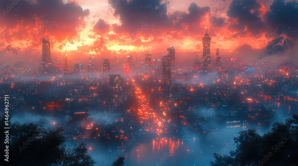 Anime Night City Skyline with Mist and Vibrant Neon Lights Against Dramatic Sunset, Urban Landscape Digital Art
