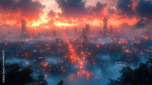 Obraz na płótnie Anime Night City Skyline with Mist and Vibrant Neon Lights Against Dramatic Sunset, Urban Landscape Digital Art w salonie