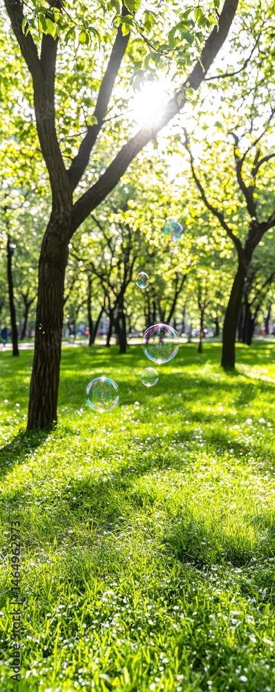 Naklejka premium Sunlight streams through green trees in a park, illuminating grass and floating soap bubbles in a peaceful, natural setting.