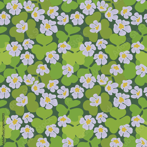 Seamless white flowers cottagecore floral pattern on a rich green background. Preppy wallpaper, background, textile design, vector print, hand drawn illustration.