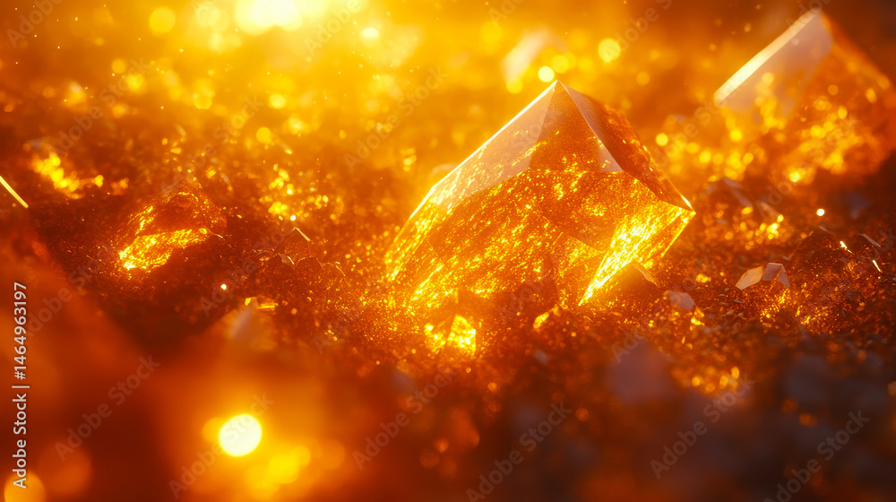 Golden Light Rays Illuminating Geometric Shapes in Abstract Background with Sparkling Effects for Futuristic and Fantasy Designs in Digital Art