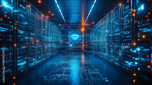 AI-Driven Predictive Maintenance in Data Center, Predictive Analytics Monitoring Equipment Health, Concept of Advanced AI Algorithms, Server Room with Digital Interface, Night Time Technology