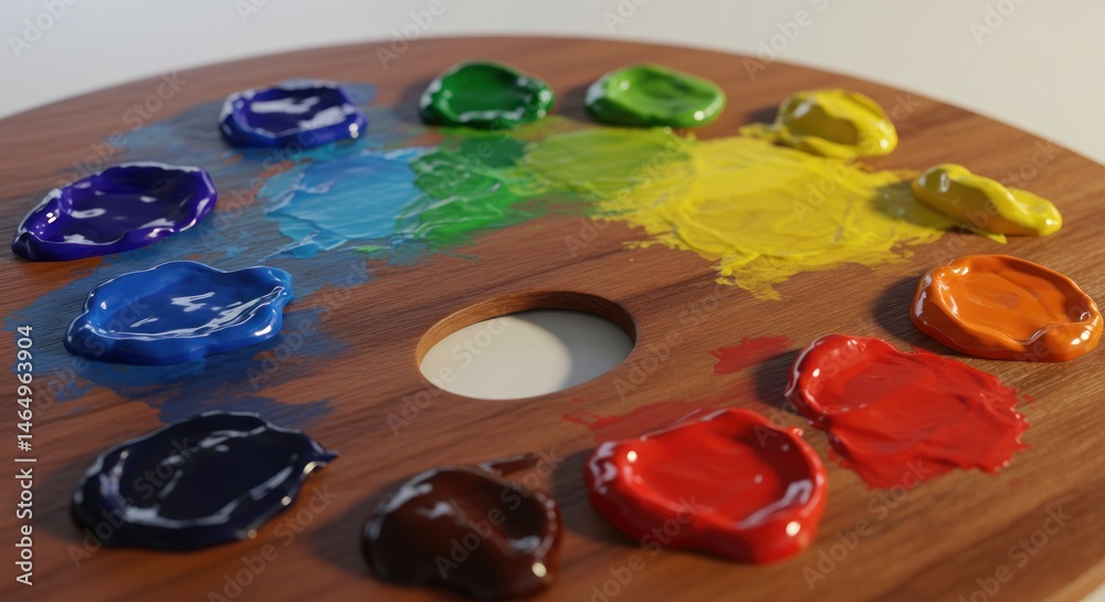 Artists wooden palette with variety of colorful paints for creative projects Artists wooden palette with variety of colorful paints for creative projects