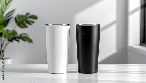 on a solid surface, two cylindrical tumblers, one white and one black, stand side by side with identical metallic rims