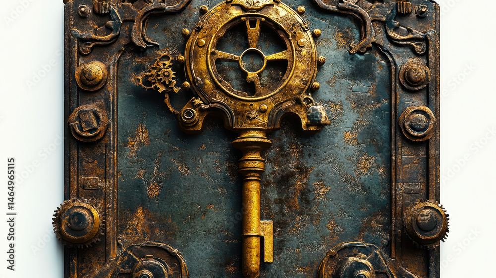 Antique Steampunk Key on Rustic Mechanical Plaque with Gears for Vintage Design and Retro Fantasy Themes