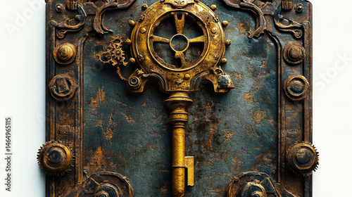 Obraz na płótnie Antique Steampunk Key on Rustic Mechanical Plaque with Gears for Vintage Design and Retro Fantasy Themes w salonie