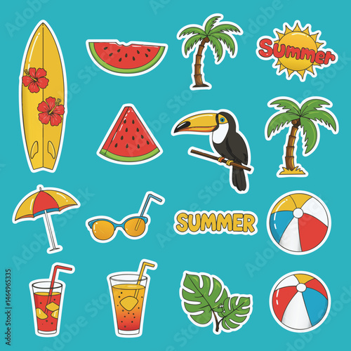 A vibrant collection of summer-themed stickers, featuring a variety of tropical icons like a surfboard, watermelon, toucan, palm trees, beach balls, sunglasses, drinks, and an umbrella