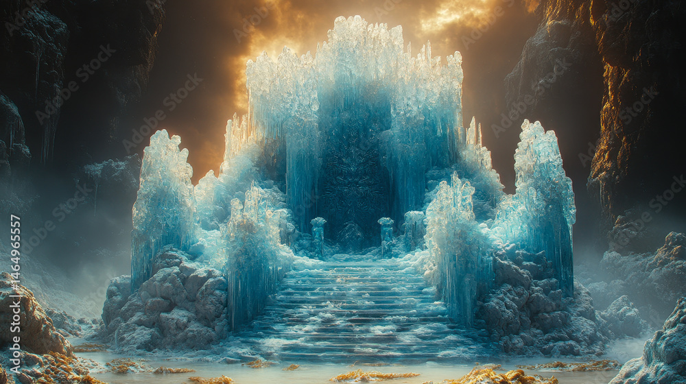 Majestic Ice Throne in Mystical Frozen Landscape with Snowflakes and Dark Atmosphere at Sunset - Fantasy Winter Scene