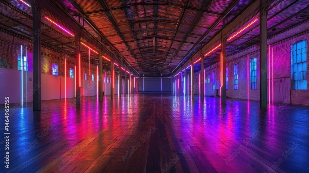 Fototapeta premium Neon-lit warehouse interior, event space, colorful lighting, wooden floor, industrial architecture