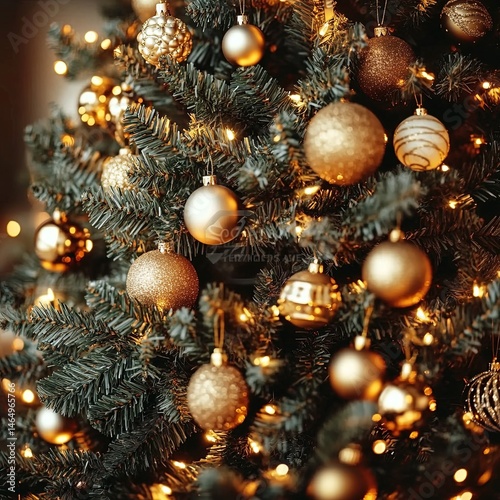 Christmas tree background. New Year composition with spruce and lights. Close up image of christmass tree