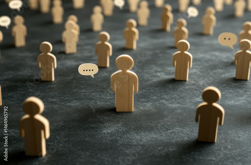 Wallpaper Mural Wooden figures representing people, with one figure centrally located and multiple speech bubbles.  A sea of individuals Torontodigital.ca