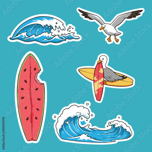 Collection of cartoon stickers depicting summery beach scenes