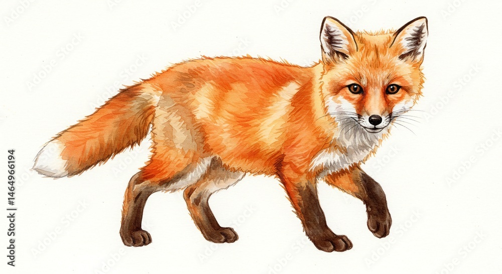 Fototapeta premium Watercolor painting of a red fox on a white background. The fox is depicted walking forward in a realistic style with rich orange and brown colors.