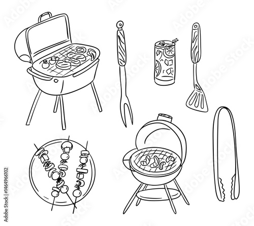 Barbecue-themed doodle set with grills, utensils, skewers, and a summer drink in black and white. Fun hand-drawn collection perfect for cookout invitations and summer food illustrations
