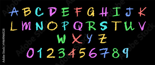 Colorful vector illustration of the English alphabet and numbers 0-9, hand-drawn in a crayon, chalk, pastel, or wax style. Highlighter effect on a board, perfect for kindergarten drawing and learning.