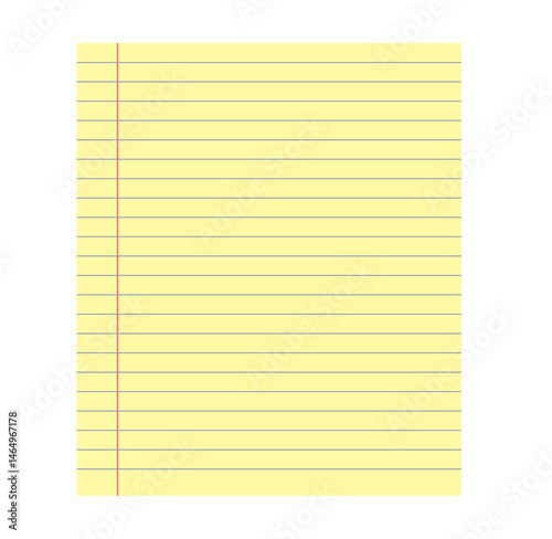 Legal yellow paper sheet of notepad with horizontal ruled line designs, ideal for notes, school, or office use. Clean and simple layout for digital or print projects. Simple vector illustration