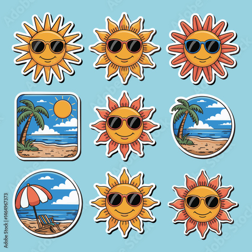 Collection of fun, cartoon stickers featuring stylized suns wearing sunglasses and beach scenes