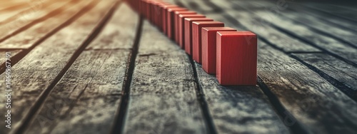 Red dominoes aligned in a row on weathered wooden planks