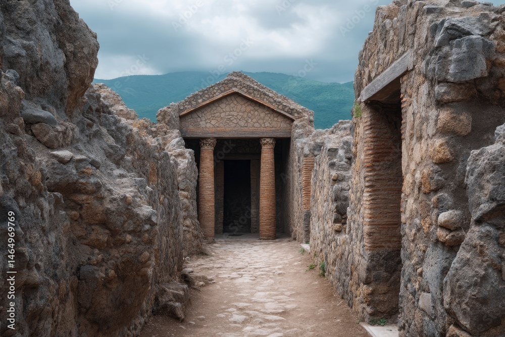 Fototapeta premium Ancient Roman Temple Ruins: Stone Pathway, Somber Atmosphere