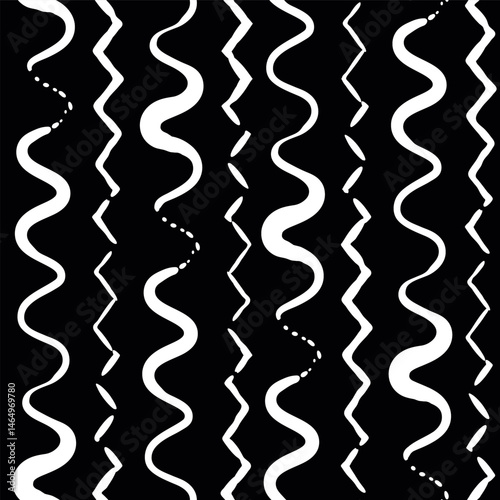 Black white wiggle paintbrush strokes vertical stripes. Vector pattern background. Nautical theme. Striped tribal look waves, wobbly lines. Irregular painterly linear backdrop. .