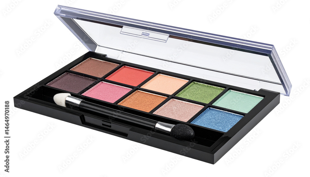 A compact eyeshadow palette featuring ten colorful shades with an applicator brush. A compact eyeshadow palette featuring ten colorful shades with an applicator brush.