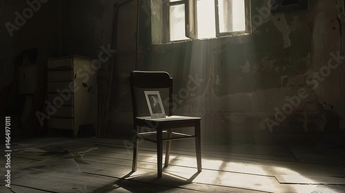 Empty wooden chair with vintage picture placed on seat in quiet room, conveying solitude, nostalgia and emotional memories of missing someone special.