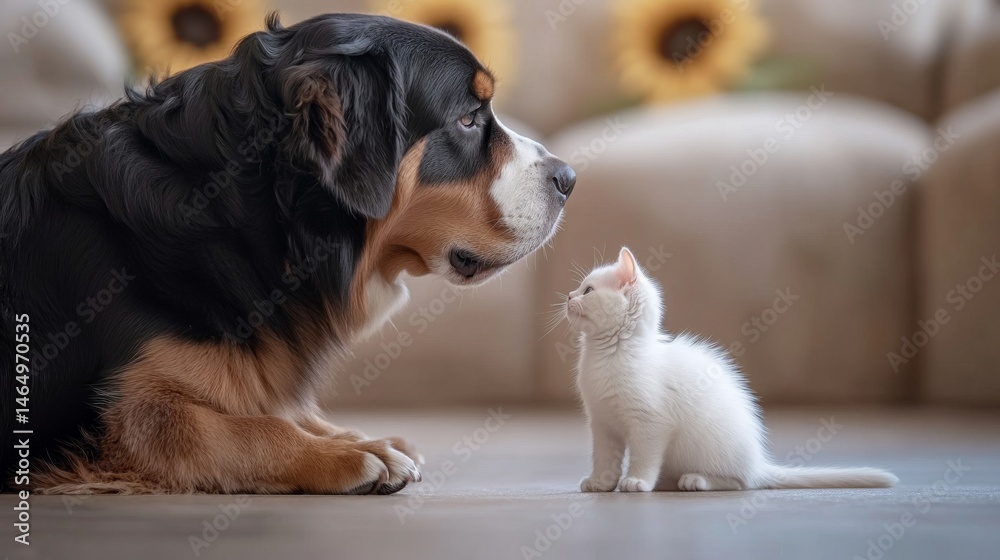 Obraz premium Playful encounter dog and kitten sharing a moment at home cute animals cozy living room heartwarming scene