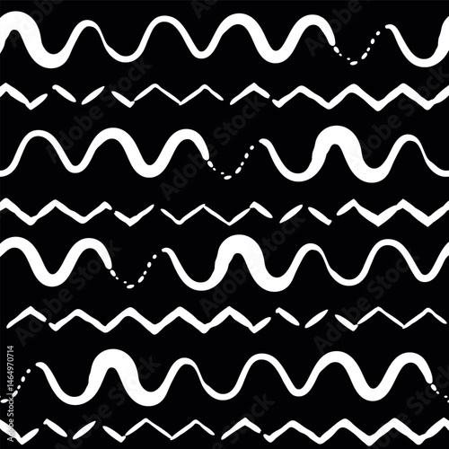 Black white wiggle paintbrush strokes horizontal stripes. Vector pattern background. Nautical theme. Striped tribal look waves, wobbly lines. Irregular painterly linear backdrop. .