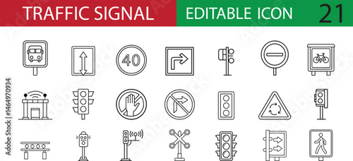 Set of 21 Editable Traffic Signal Icons in Line Style. Includes Signs, Lights, and Road Symbols for Urban Transport, Navigation, and Safety Design. Perfect for Web, Apps, or Maps Projects.