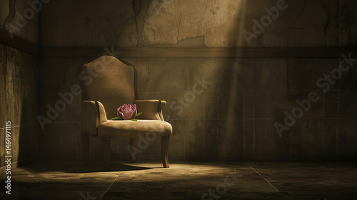 Empty wooden chair with vintage picture placed on seat in quiet room, conveying solitude, nostalgia and emotional memories of missing someone special.