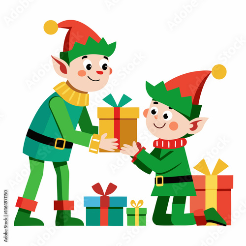 Elves Wrapping Gifts – Vector on White Background