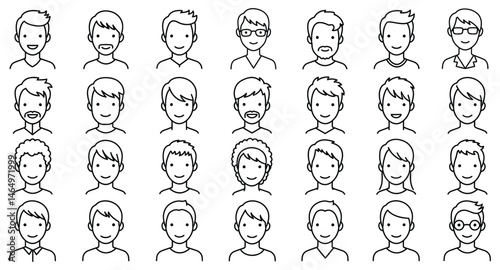Simple Profile or Avatar Outline Icon Set with Facial Feature