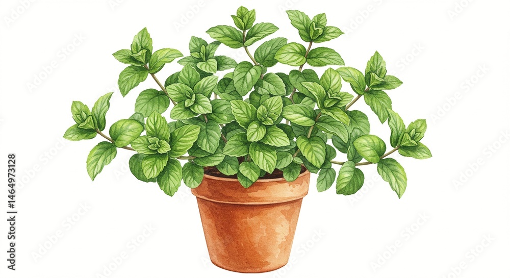 Obraz premium A vibrant watercolor illustration showcases a lush green plant, brimming with fresh leaves, nestled in a rustic terracotta pot.