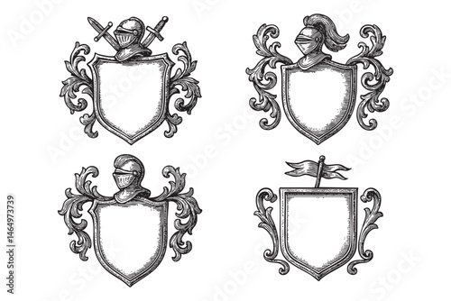 heraldic crest badge frame set woodcut engraving vector illustration