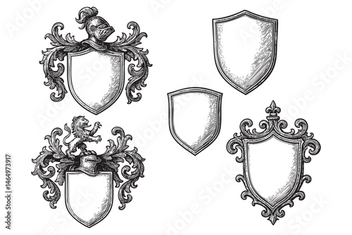 heraldic crest badge frame set woodcut engraving vector illustration