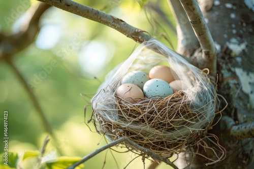 easter eggs in a nest on tree with greenery day time background