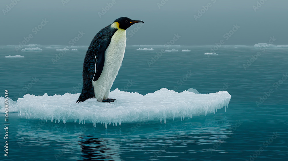 Obraz premium Lone Emperor Penguin on piece of ice floating in Antarctic Sea, copy space