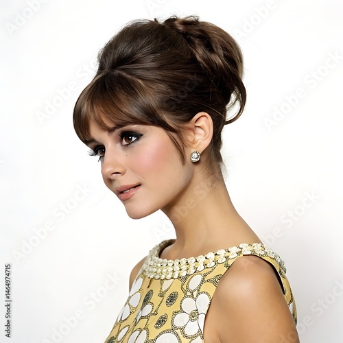 young woman portrait in 1960s style isolated on white background