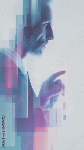 Abstract image of a man's profile overlaid with geometric shapes, suggesting digital interaction or innovation, conveying a futuristic or technological concept