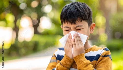 Child Sneezing in a White Handkerchief or Tissue - Symptoms of being Ill or Sick - Bacteria and Sinus Infection - Influenza, Flu, Covid, Common Cold, Germs, Hay Fever, Unwell, Runny Nose, Allergy