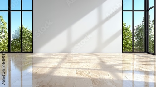 Bright Interior Room with Large Windows and Sunlight Reflections