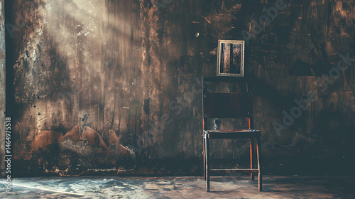 Empty wooden chair with vintage picture placed on seat in quiet room, conveying solitude, nostalgia and emotional memories of missing someone special.