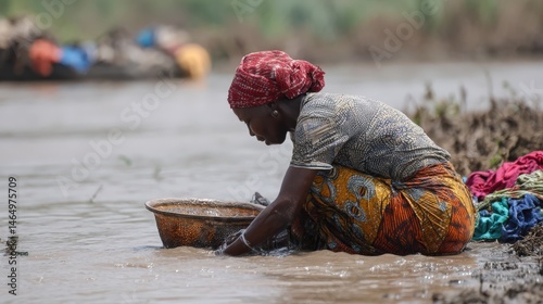 African Woman Handwashing Clothes in River Water Traditional Dress Rural Scene