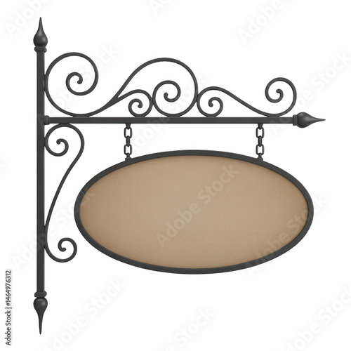 Ornate black metal sign with blank oval tan face hanging against a black background for customization