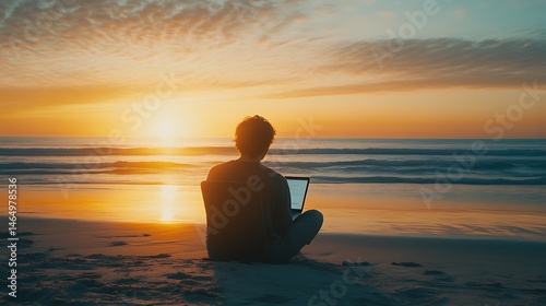 Serene Beach Work Remote Job on the Coast at Sunset, Seaside Workspace, Focus on Freelance Freedom and Peaceful Productivity