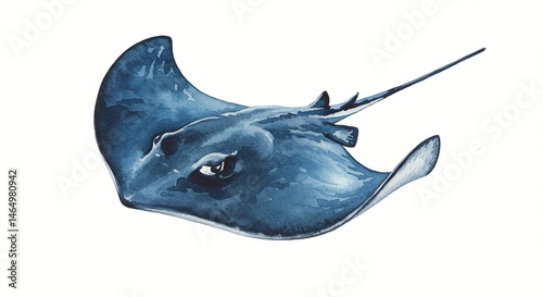  stingray swimming  - Watercolor painting of a stingray in shades of blue, capturing its unique shape and texture with delicate brushstrokes.
