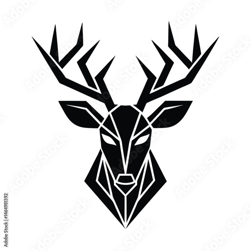 Modern geometric black and white deer head illustration with antlers for logo or design projects