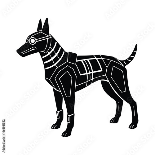 Stylized black and white geometric illustration of a dog depicting ancient egyptian mythology and technology